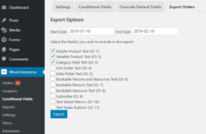 Export Orders Options Screen